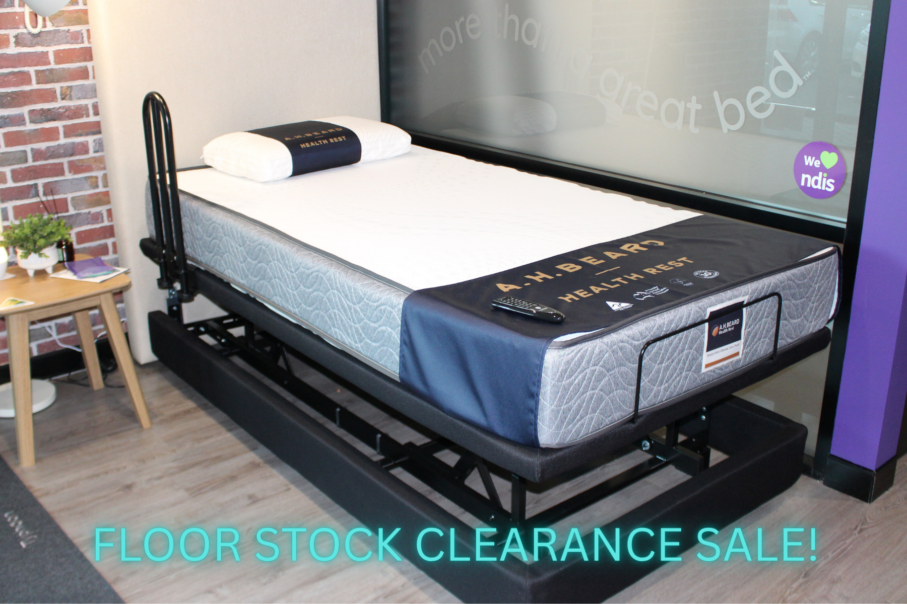 ex DEMO SALE - A H Beard King Single UPLIFT Adjustable Bed w/ Ultimate Care Plush Mattress & Linen Bottlebrush Headboard & 1x Grab Handle