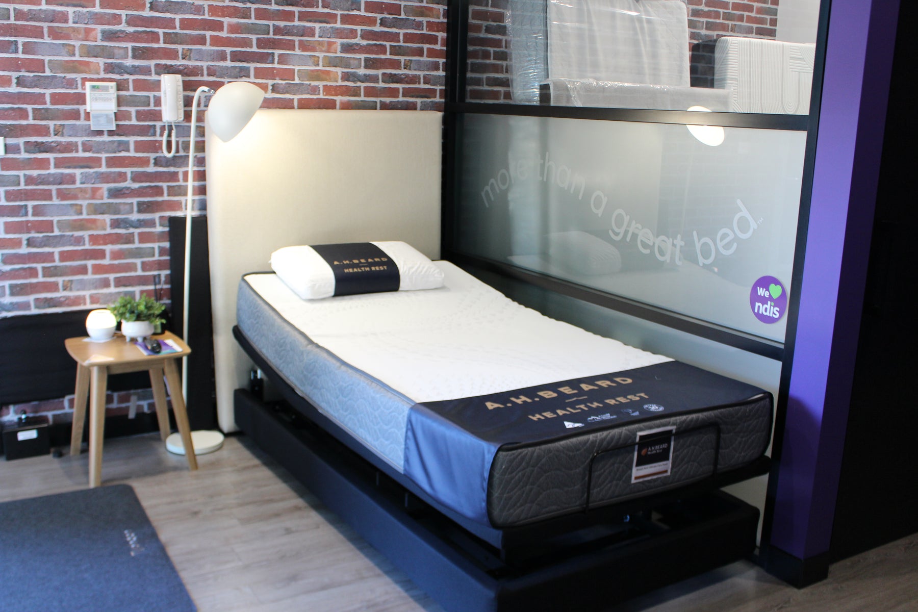 ex DEMO SALE - A H Beard King Single UPLIFT Adjustable Bed w/ Ultimate Care Plush Mattress & Linen Bottlebrush Headboard & 1x Grab Handle