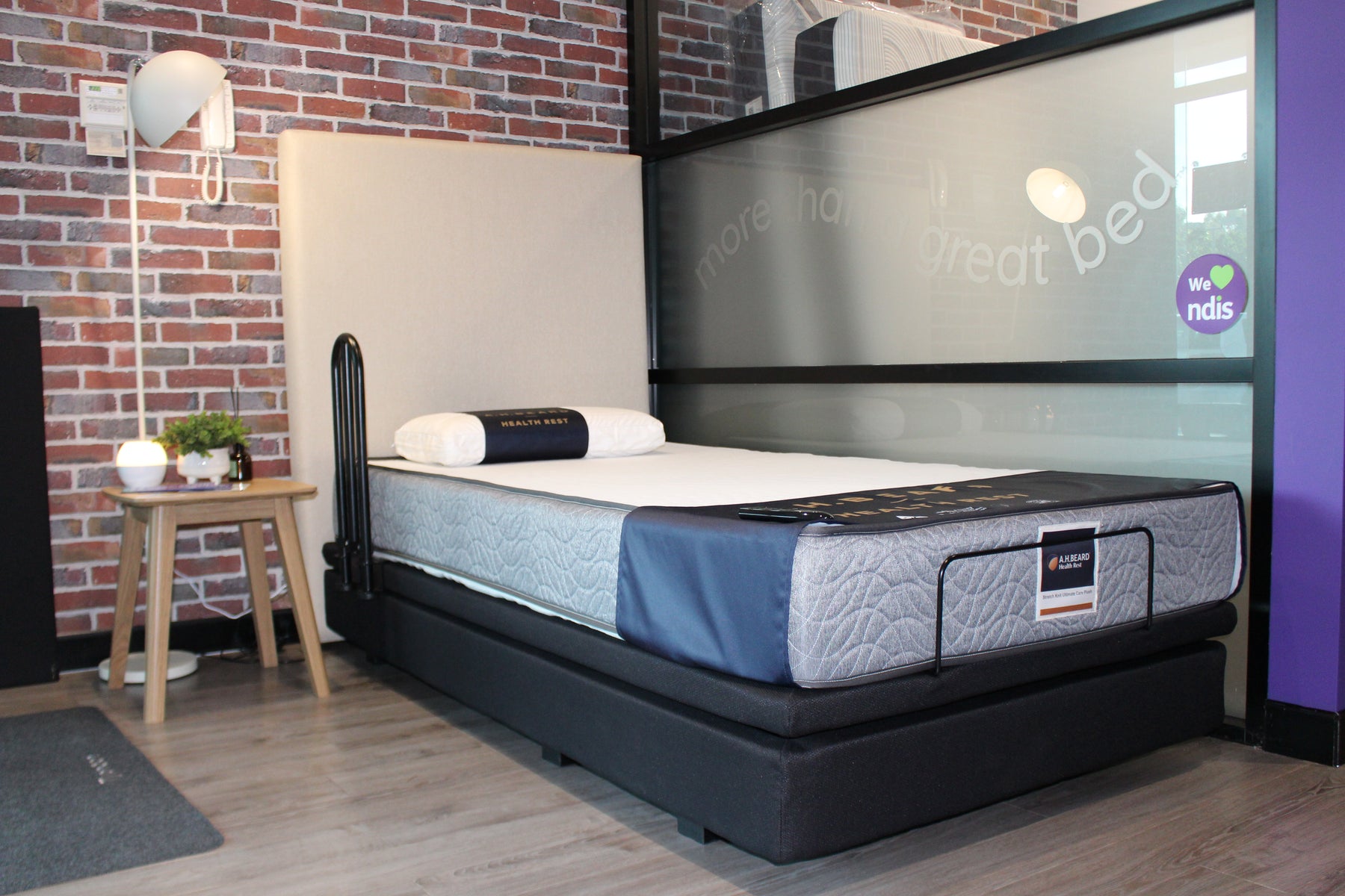 ex DEMO SALE - A H Beard King Single UPLIFT Adjustable Bed w/ Ultimate Care Plush Mattress & Linen Bottlebrush Headboard & 1x Grab Handle