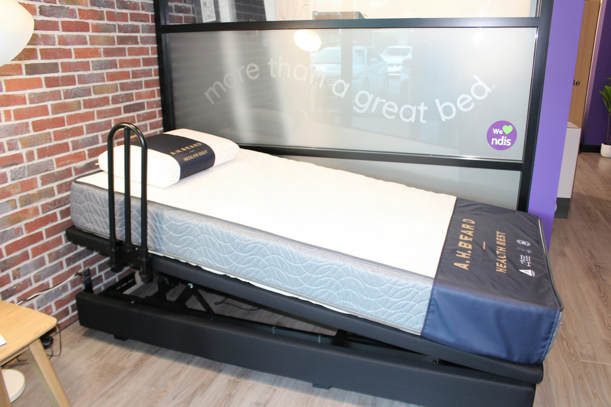 FLOOR SALE - A H Beard King Single UPLIFT  BUNDLE Adjustable Bed + Ultimate Care Plush Mattress + 1x Grab Safety Rail | MUST GO