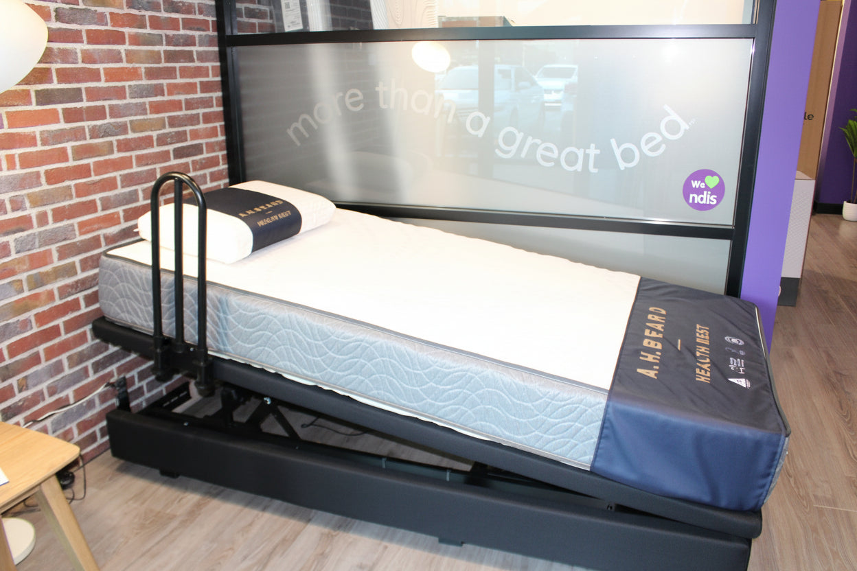FLOOR SALE - A H Beard King Single UPLIFT  BUNDLE Adjustable Bed + Ultimate Care Plush Mattress + 1x Grab Safety Rail | MUST GO