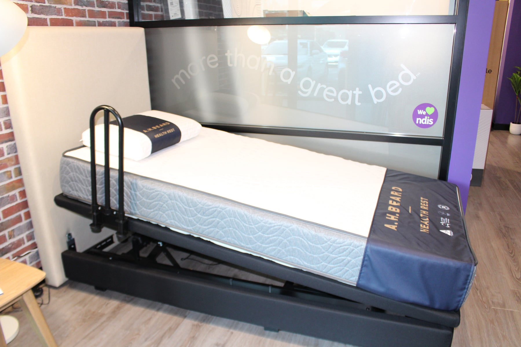 ex DEMO SALE - A H Beard King Single UPLIFT Adjustable Bed w/ Ultimate Care Plush Mattress & Linen Bottlebrush Headboard & 1x Grab Handle