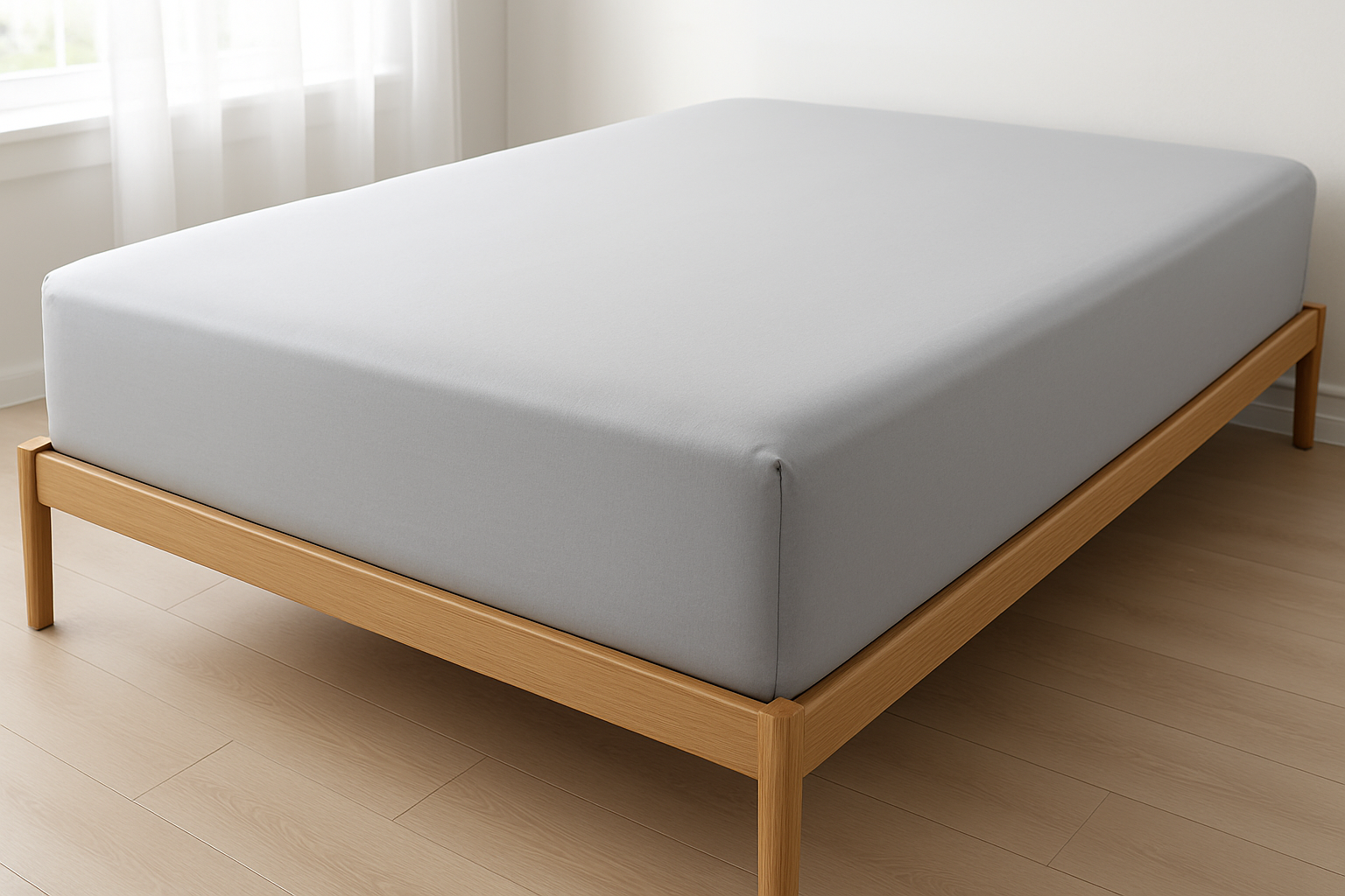 Create exactly the same image but with a light silver grey fitted sheet instead of the white one on the same bed in the same bedroom 